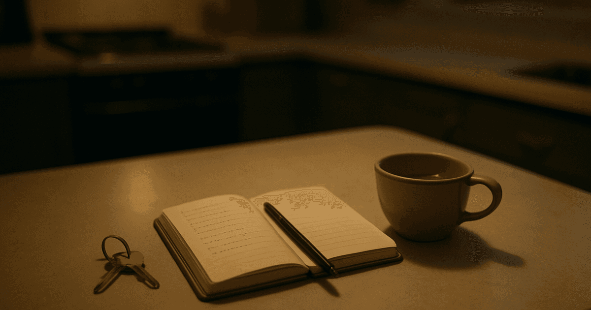An open notebook with a half-written list, a pen, and house keys on a dim kitchen counter at evening — the steadying act of writing down the next step during a sudden hospitalization.