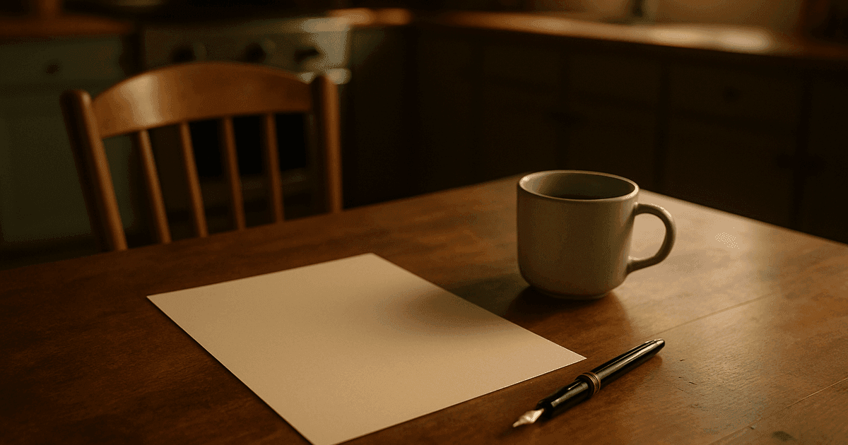 A blank sheet of paper, an uncapped pen, and a cup of coffee gone cold on a kitchen table, a chair pushed back as if someone stepped away — the task begun and quietly set aside.