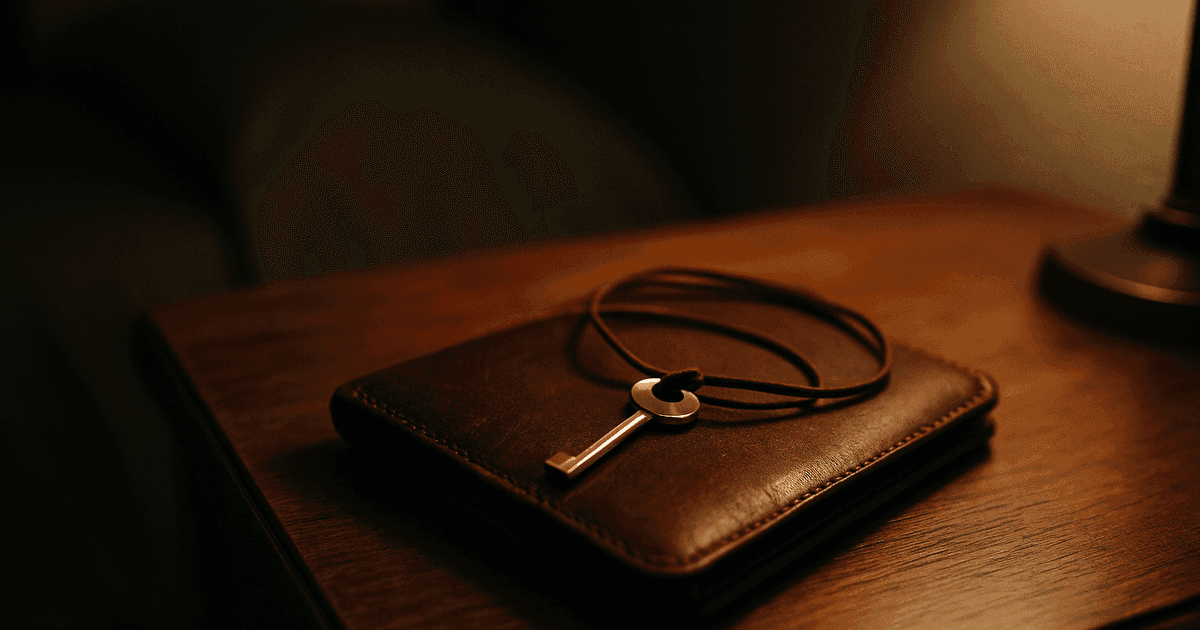 A single brass key on a leather cord resting on a worn wallet on a bedside table in lamplight — the one key to a digital life no one else can open.