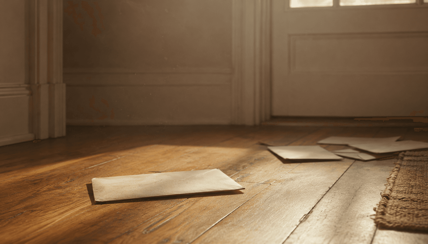Unopened envelopes scattered on a hardwood floor inside a front door, lit by late-afternoon light — a visual stand-in for documents that never reach the families they were meant for.