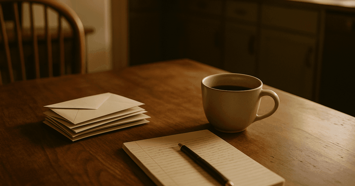 A small stack of unopened envelopes beside a cup of coffee that has gone cold, and a half-filled notepad with a pen resting in the gutter, on a walnut kitchen table in late-morning light — a stand-in for the day after the funeral guests go home.