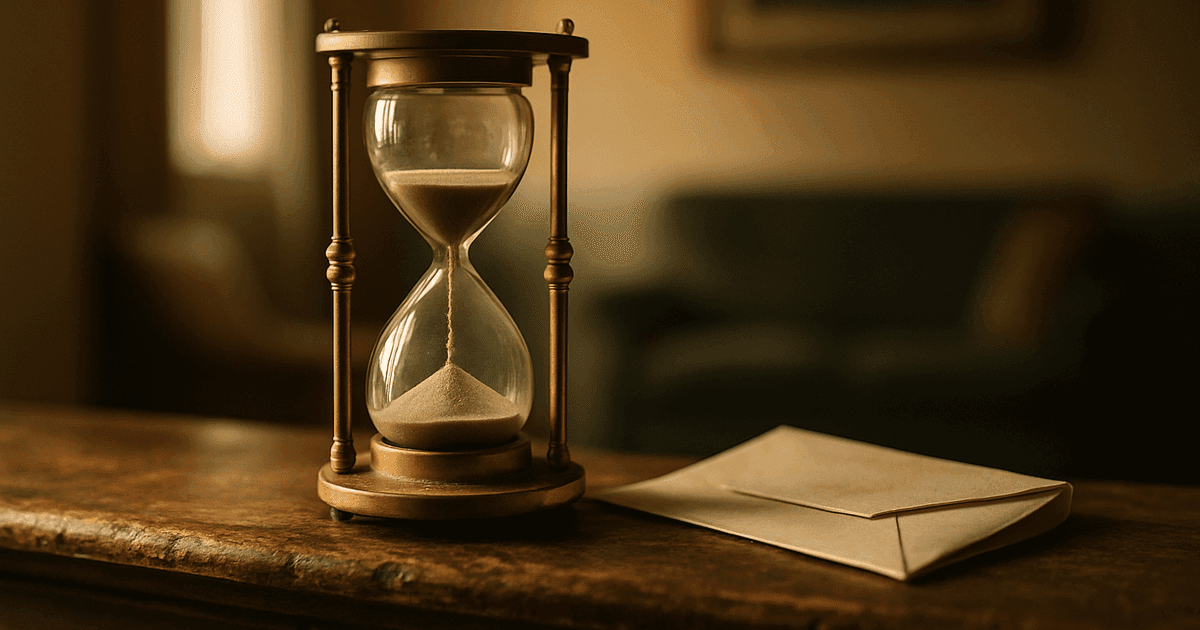 A half-emptied brass hourglass beside a folded letter on a wooden mantel in late-afternoon light — a quiet system that waits and acts only when the time finally runs out.