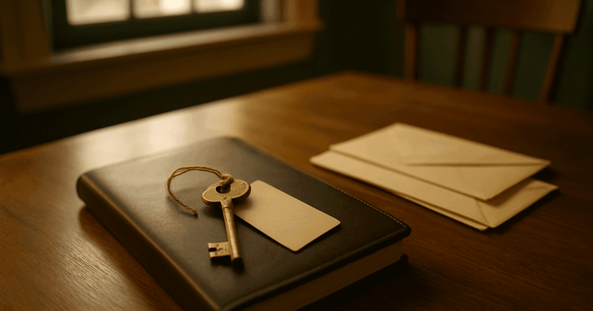 A worn brass key tied to a small paper tag, resting on a closed leather notebook beside a stack of unmarked envelopes on a quiet writing desk — a physical stand-in for the credentials no one in the family was ever handed.