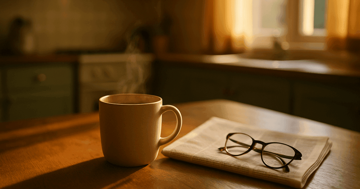 A cup of coffee steaming on a kitchen table beside a folded newspaper and reading glasses in early-morning light — the ordinary daily rhythm a quiet check-in is built to stay out of.