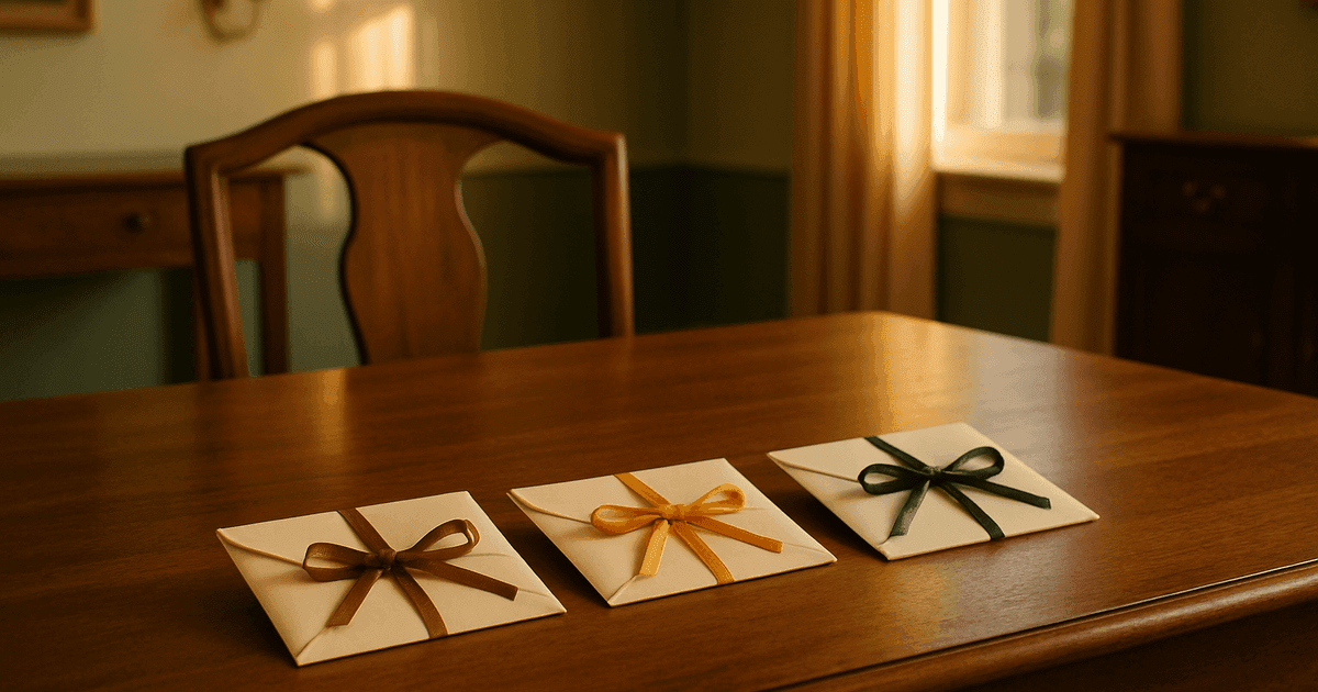 Three envelopes tied with different ribbons laid in a row on a dining table in warm light — distinct roles deliberately assigned, so no one is taken by surprise.