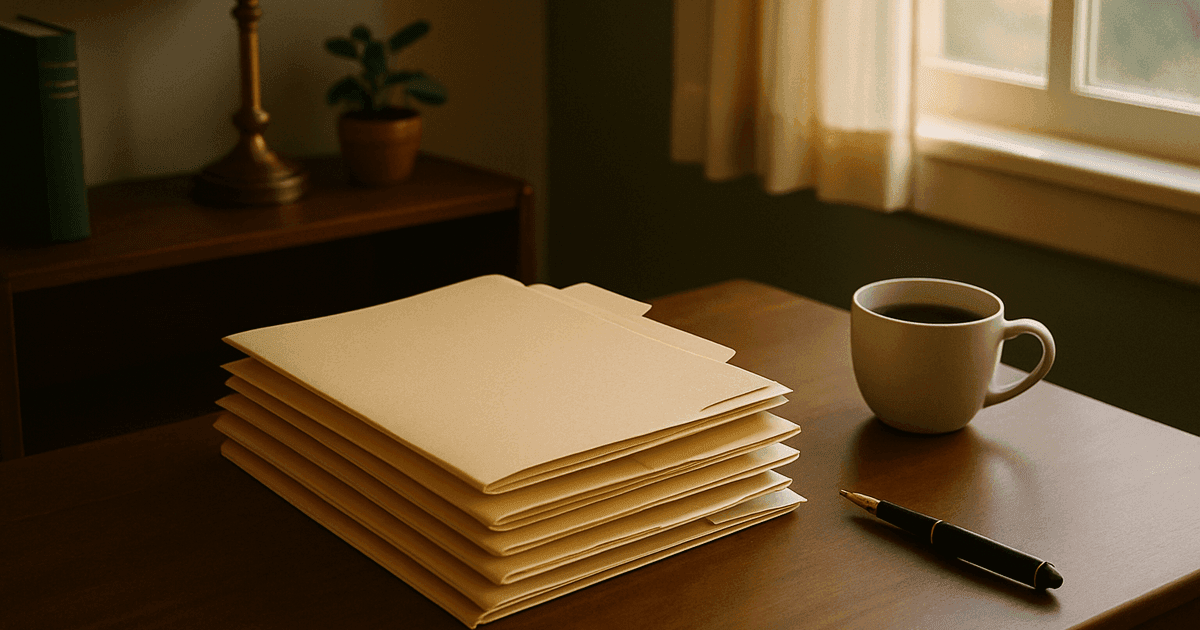 A small stack of labeled manila folders beside a cup of coffee on a sunlit desk — the modest, achievable first session of putting a family's most important files in one place.