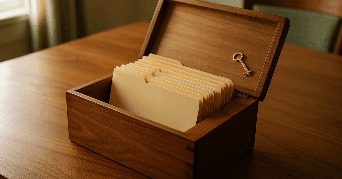 An open wooden document box on a walnut dining table, plain folders nested neatly inside in a single tidy stack with a small brass key resting on the half-closed lid — a quiet stand-in for documents kept in one reachable place rather than scattered.