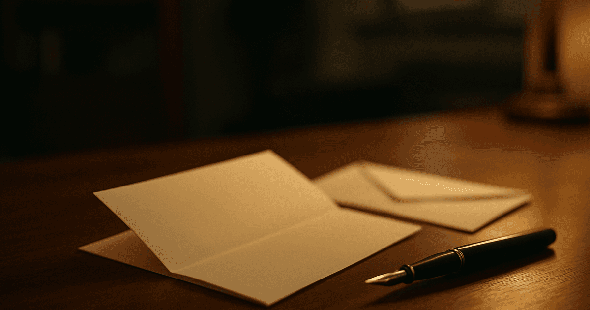 A folded blank letter, an envelope, and a fountain pen on a writing desk in warm lamplight at dusk — the personal letter that says what the legal documents cannot.