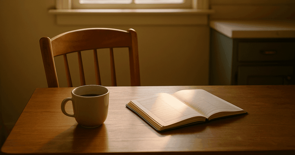 An empty wooden chair pulled slightly back from a small kitchen table, a half-drunk cup of coffee and an open address book left behind in the morning light — a quiet stand-in for the disorganization a family inherits when no one prepared.