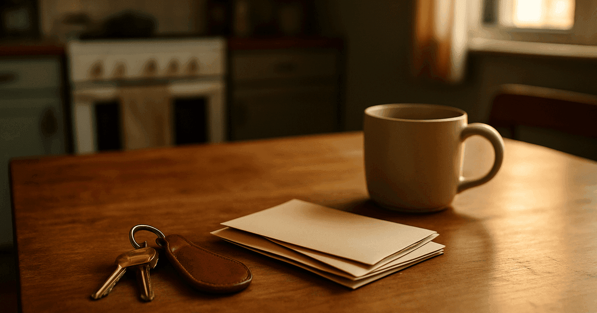 House keys, a coffee mug, and a small stack of plain envelopes on a modest, well-used kitchen table in morning light — an ordinary household, the kind that assumes estate planning is not for them.