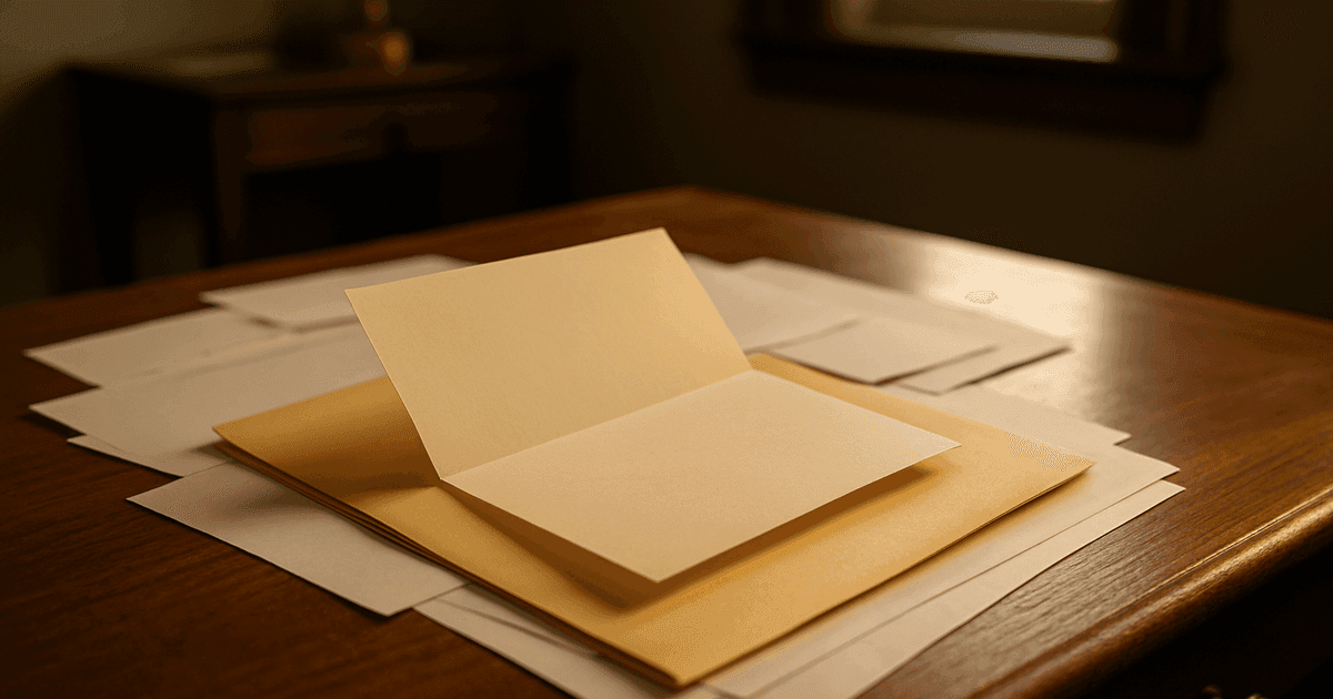 A blank folded document and an open envelope half-buried under scattered papers on a walnut desk in late-afternoon light — the disorder a family faces when nothing was gathered in one place.